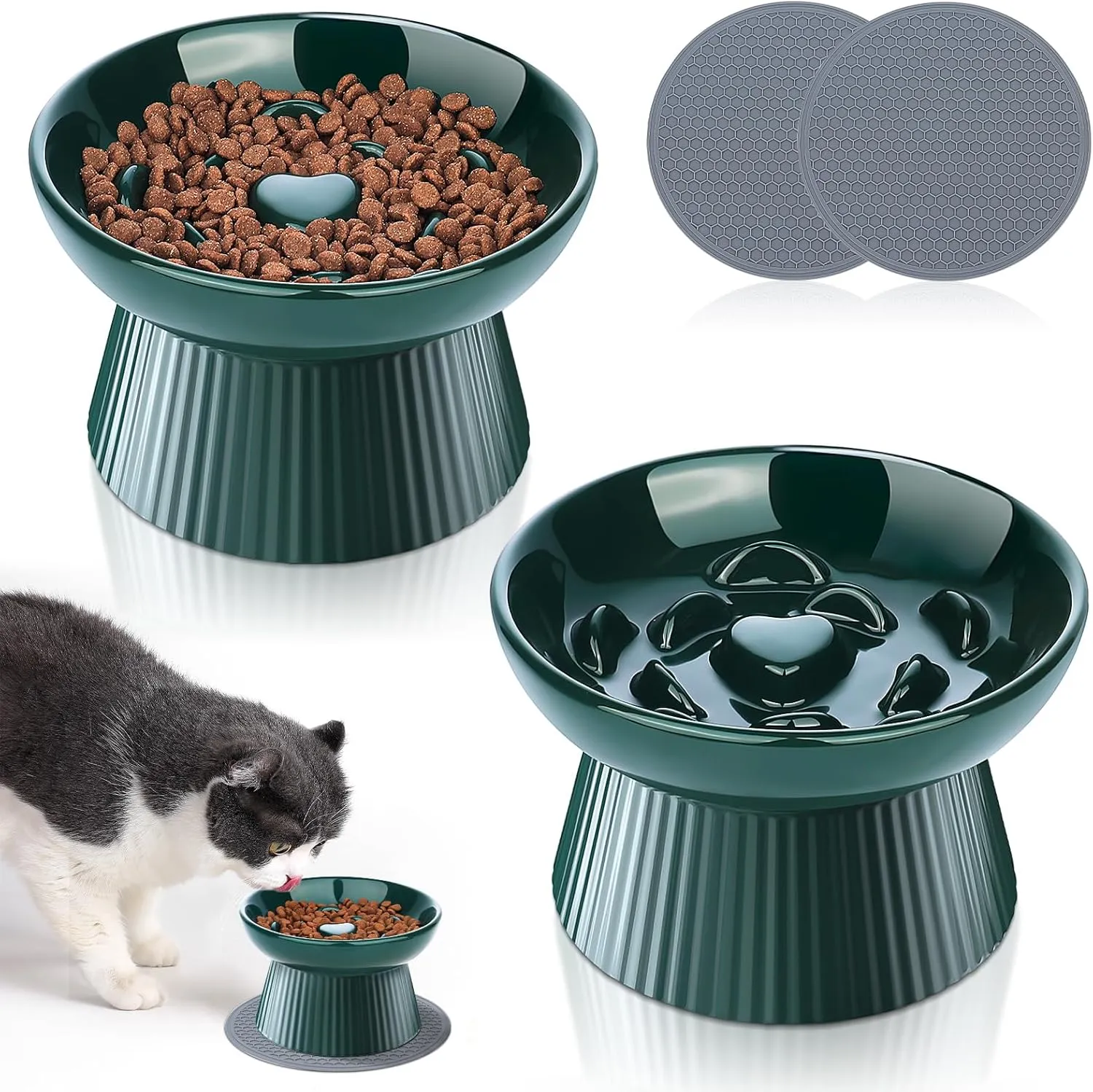 2 Pack Ceramic Raised Slow Feeder Cat Bowls, Elevated Cat Food Bowl for Indoor Cats Small Dogs, Anti Vomiting Cats Feeding Bowls for Dry Wet Food, Lifted Porcelain Slow Feeder