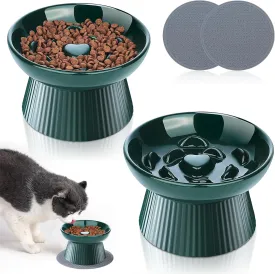 2 Pack Ceramic Raised Slow Feeder Cat Bowls, Elevated Cat Food Bowl for Indoor Cats Small Dogs, Anti Vomiting Cats Feeding Bowls for Dry Wet Food, Lifted Porcelain Slow Feeder