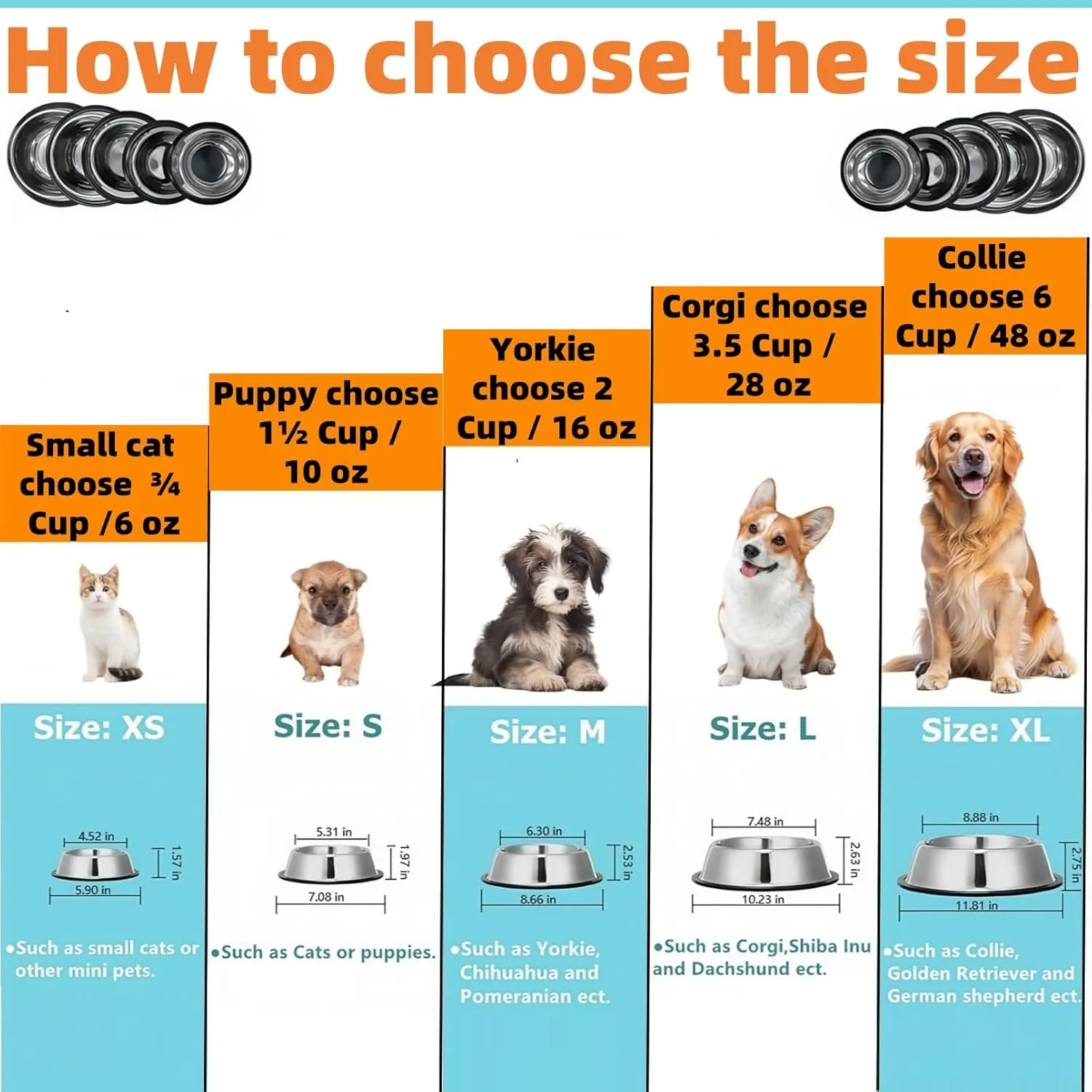 2 Pack Stainless Steel Dog Bowls with Rubber Bottom, Anti-Slip Heavy Duty Premium Quality Pets Feeder Bowls for Dogs and Cats and More (1Cup / 10oz)