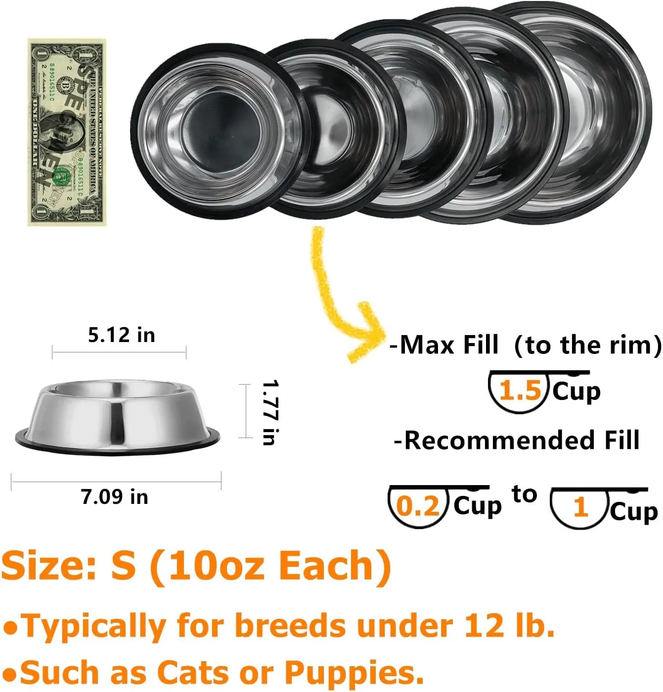 2 Pack Stainless Steel Dog Bowls with Rubber Bottom, Anti-Slip Heavy Duty Premium Quality Pets Feeder Bowls for Dogs and Cats and More (1Cup / 10oz)