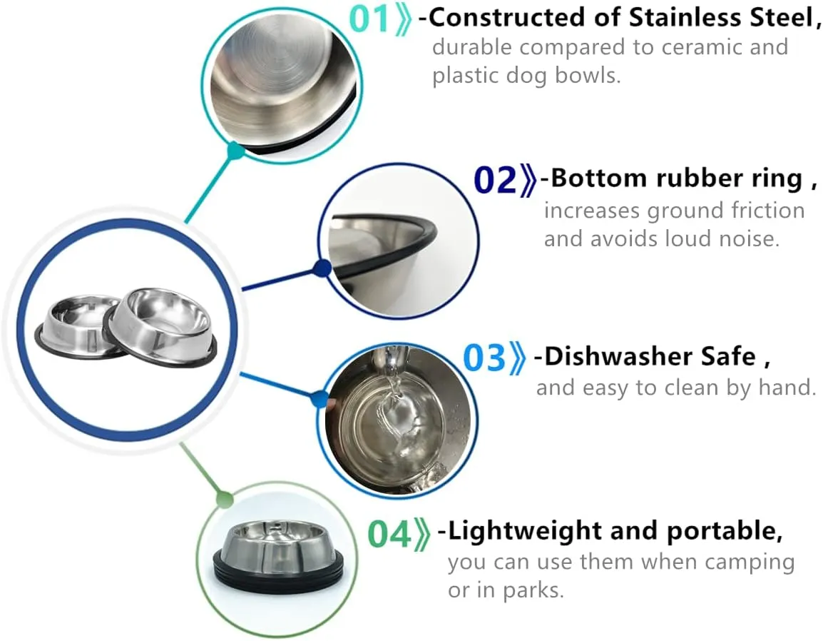 2 Pack Stainless Steel Dog Bowls with Rubber Bottom, Anti-Slip Heavy Duty Premium Quality Pets Feeder Bowls for Dogs and Cats and More (1Cup / 10oz)