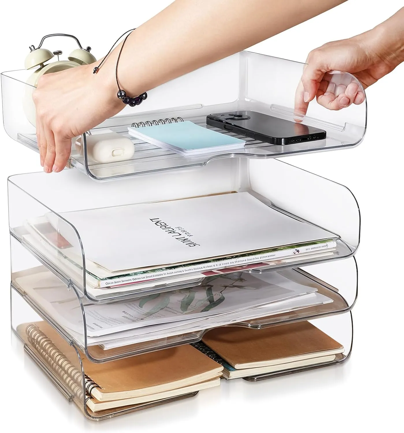 4 Pack Paper Organizer Letter Tray Clear Desk Organizer, Clear PET Desk Rrganizer for Magazines, Binders, Notebooks, Envelopes, Multi-Purpose Plastic Paper Tray Organizer