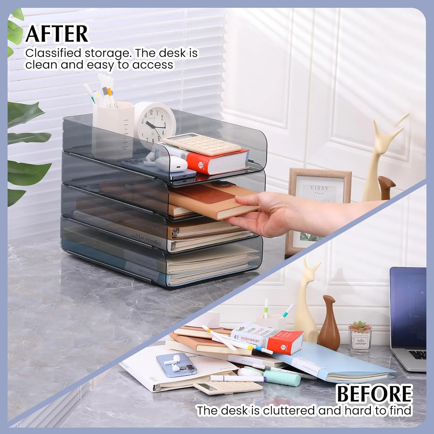 4 Pack Stackable Paper Tray, Clear File Organizer Letter Tray for Desk, Office Organizer and Storage for Desk Accessories, Notes, Books, File Paper, Document, Black