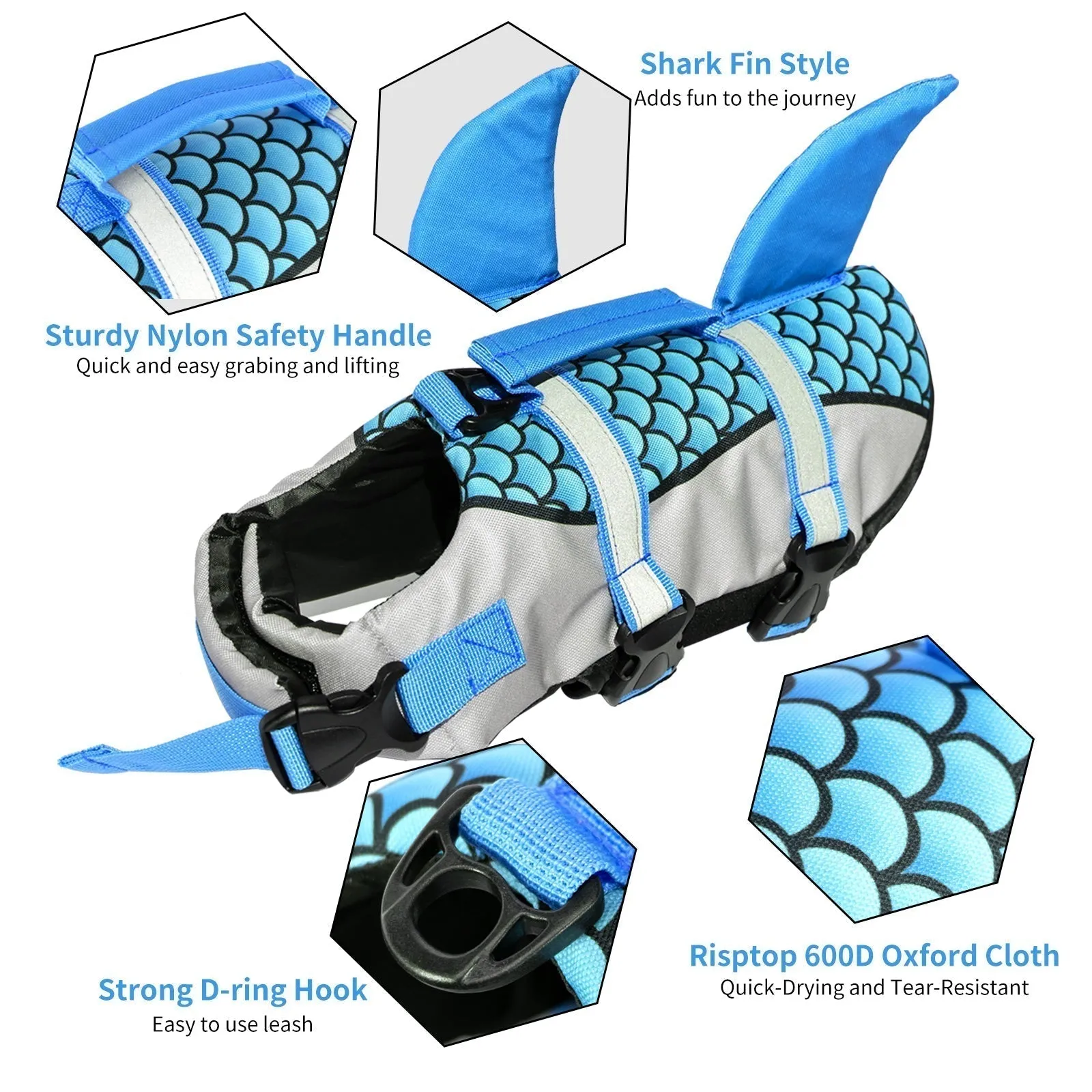 Aiitle Adjustable Shark Dog Life Vest with Rescue Handle Gray
