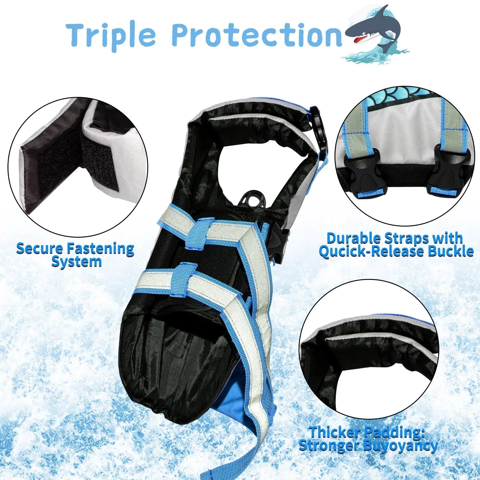 Aiitle Adjustable Shark Dog Life Vest with Rescue Handle Gray