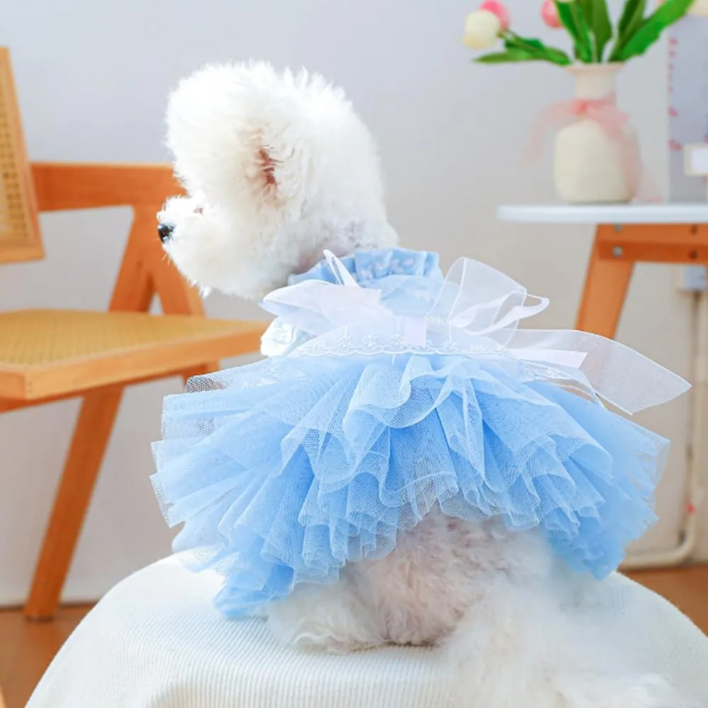 ANIAC Daisy Small Dog Dresses Female with Leash Ring,Bow Knot Girl Puppy Wedding Dress,Valentine's Cat Outfit,Fancy Pet Party Dress for Kitten Chihuahua Yorkie Pomeranian (Blue, X-Small)