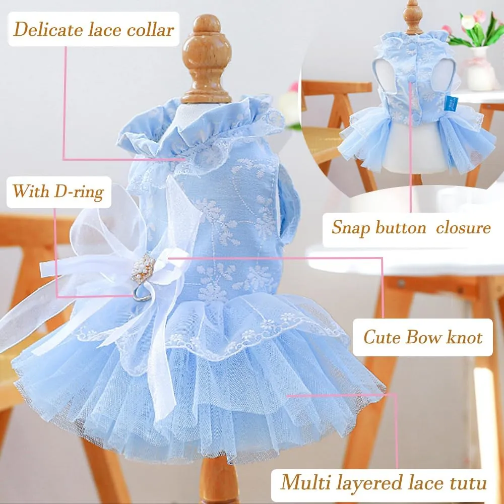 ANIAC Daisy Small Dog Dresses Female with Leash Ring,Bow Knot Girl Puppy Wedding Dress,Valentine's Cat Outfit,Fancy Pet Party Dress for Kitten Chihuahua Yorkie Pomeranian (Blue, X-Small)