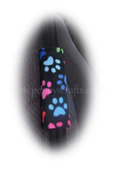 Black and Multi-coloured Paw print fleece steering wheel cover and seatbelt pads