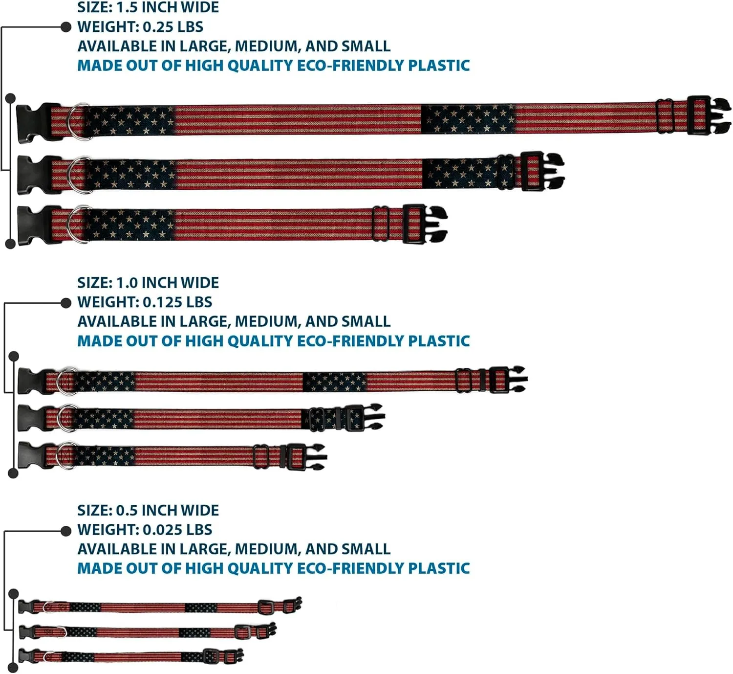 Buckle-Down Plastic Clip Collar - Vintage US Flag Stretch - 1/2" Wide - Fits 8-12" Neck - Medium