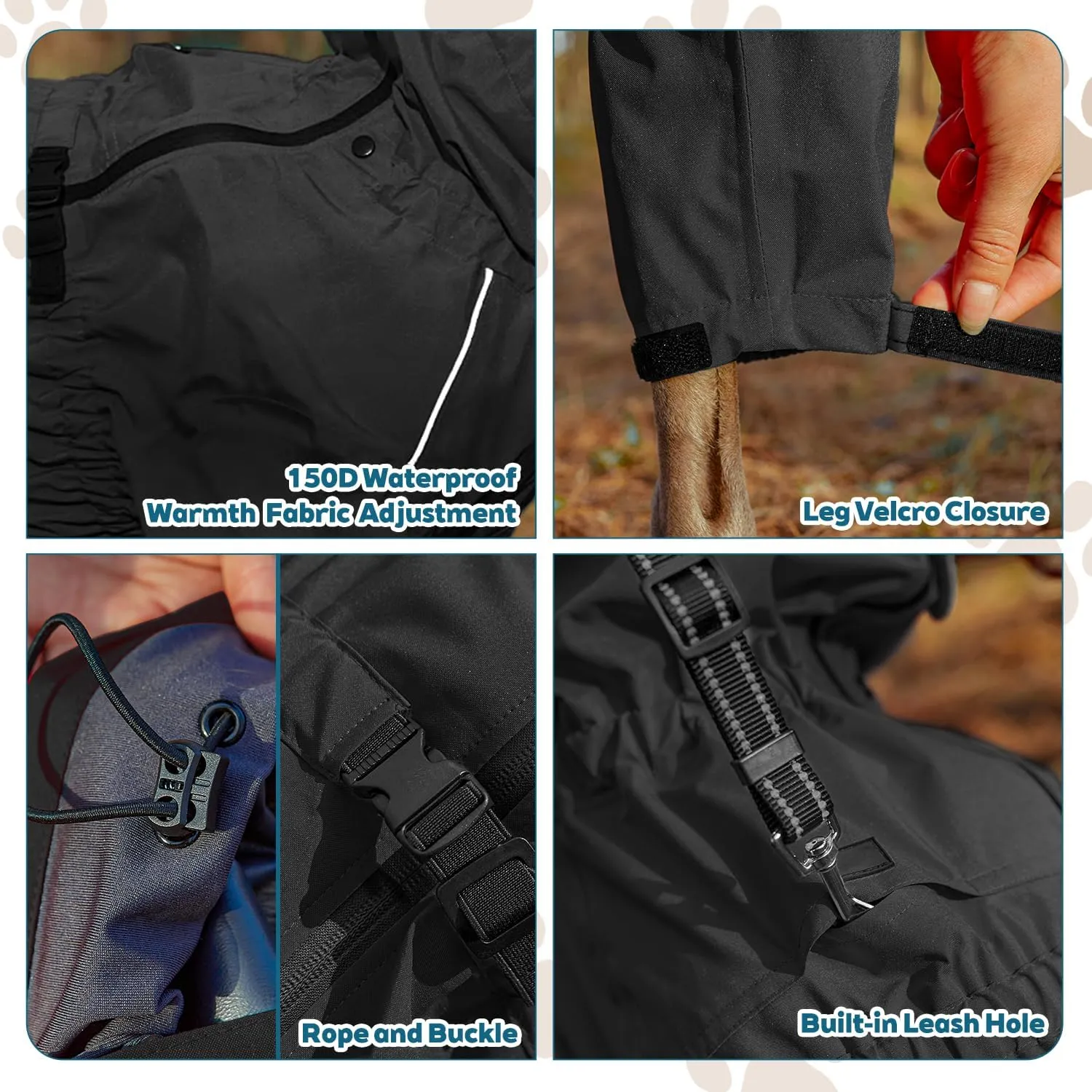 Dog Raincoat with Side Zipper Reflective Tape and Leash Holes,Waterproof Windproof Dirt-Resistant Warmth Dog Jacket with Elasticized Belly and Cuff Designs, Four Legs Design, Elastic Edge- Black M