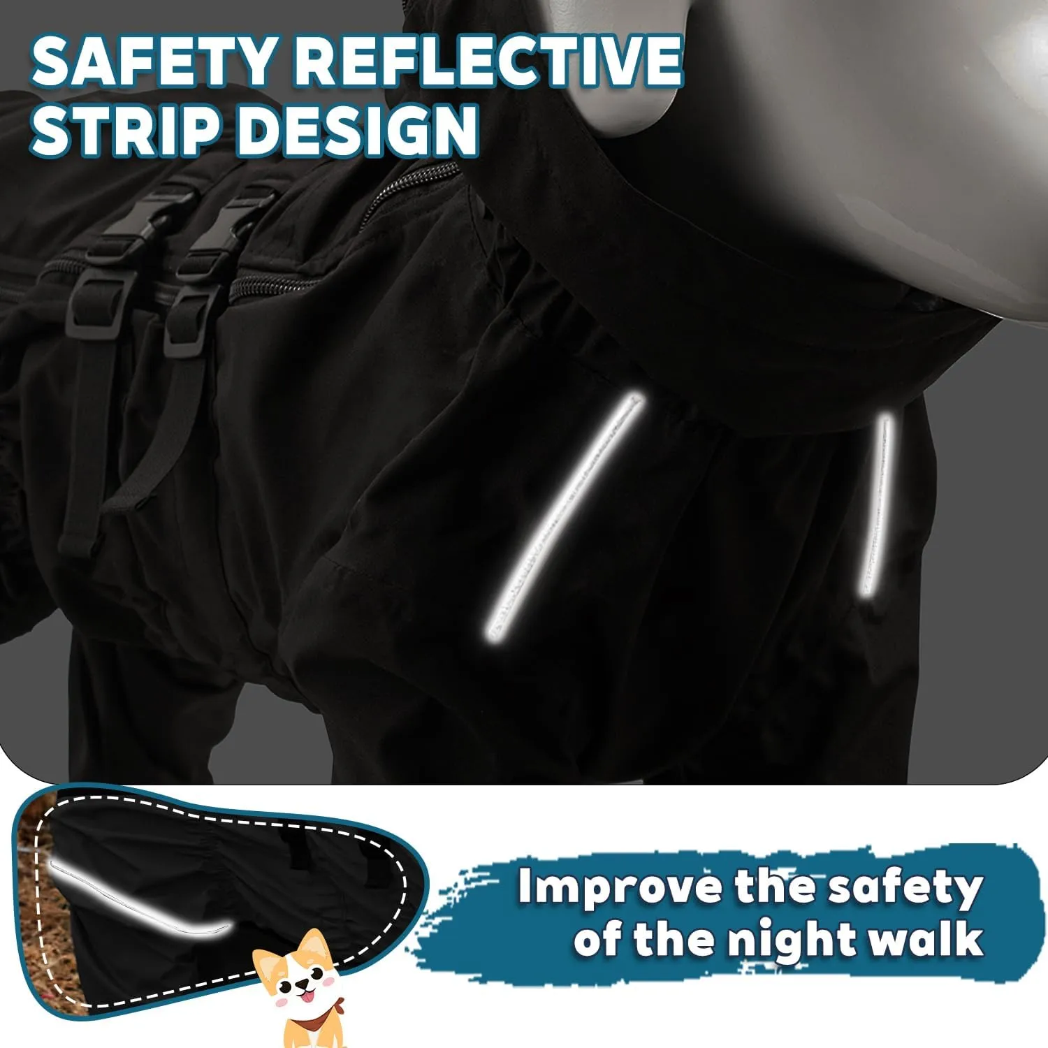 Dog Raincoat with Side Zipper Reflective Tape and Leash Holes,Waterproof Windproof Dirt-Resistant Warmth Dog Jacket with Elasticized Belly and Cuff Designs, Four Legs Design, Elastic Edge- Black M