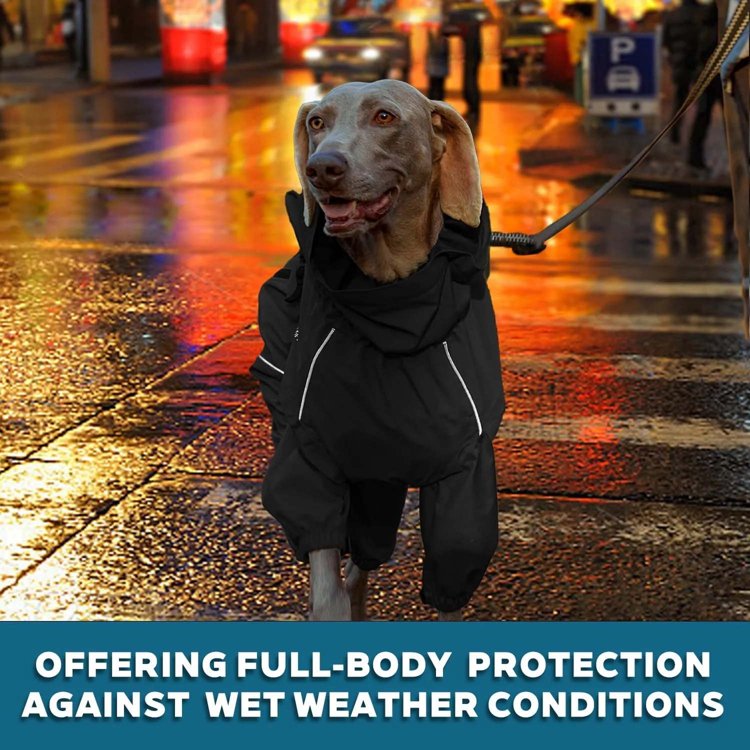 Dog Raincoat with Side Zipper Reflective Tape and Leash Holes,Waterproof Windproof Dirt-Resistant Warmth Dog Jacket with Elasticized Belly and Cuff Designs, Four Legs Design, Elastic Edge- Black M
