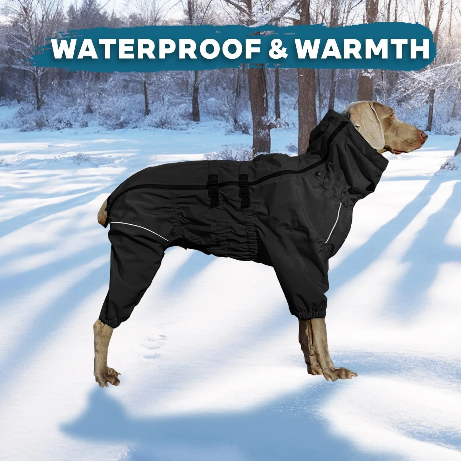 Dog Raincoat with Side Zipper Reflective Tape and Leash Holes,Waterproof Windproof Dirt-Resistant Warmth Dog Jacket with Elasticized Belly and Cuff Designs, Four Legs Design, Elastic Edge- Black M