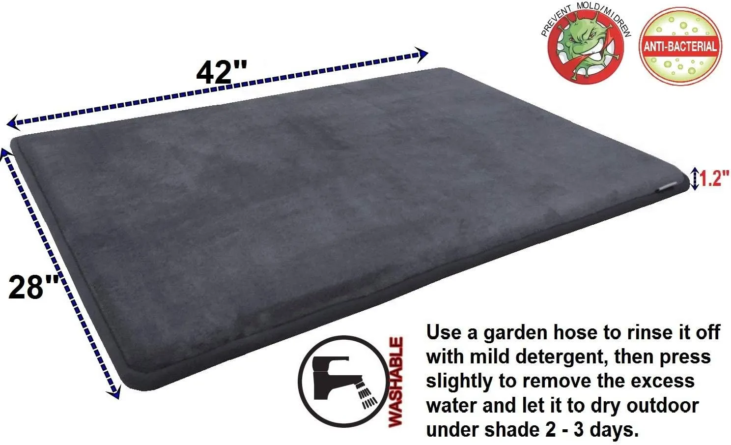 Dogbed4less Gel-Infused Large Memory Foam Fleece Pet Dog Bed Mat Pillow Topper with Waterproof Anti Slip Rubber Bottom - Fit 42"X28" Crate, Grey