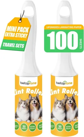 Extra Sticky Lint Roller for Pet Hairs 100 Sheets Lint Rollers for Travel 2 Pack Tough Paper, Small Size Easy Portability, Dog and Cat Hair Lint Rollers Mega Value Set for Clothes