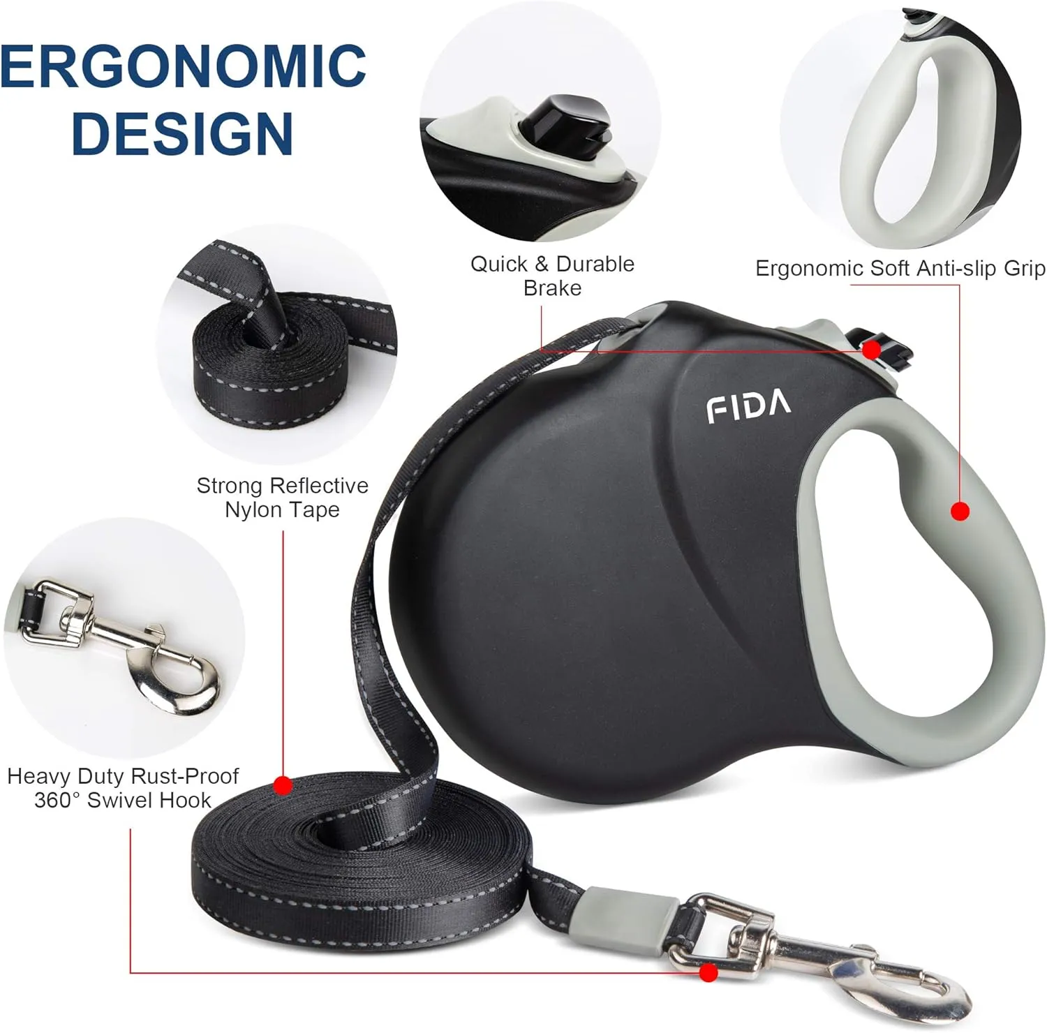 Fida Upgraded Retractable Dog Leash 26ft, Heavy Duty Pet Walking Leash for Medium/Large Breed up to 110 lbs, 360 Tangle-Free Long Retract Dog Lead, Soft Grip, One-Hand Brake, Black