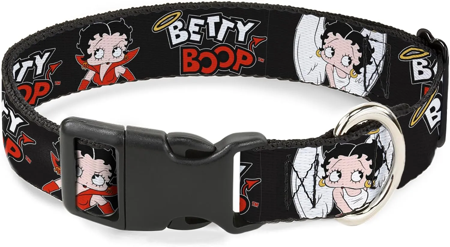 Fleischer Studios, Inc. Pet Collar, Dog Collar Plastic Buckle, Betty Boop Angel and Devil Poses with Text Black White Red, 11 to 16.5 Inches 1.0 Inch Wide