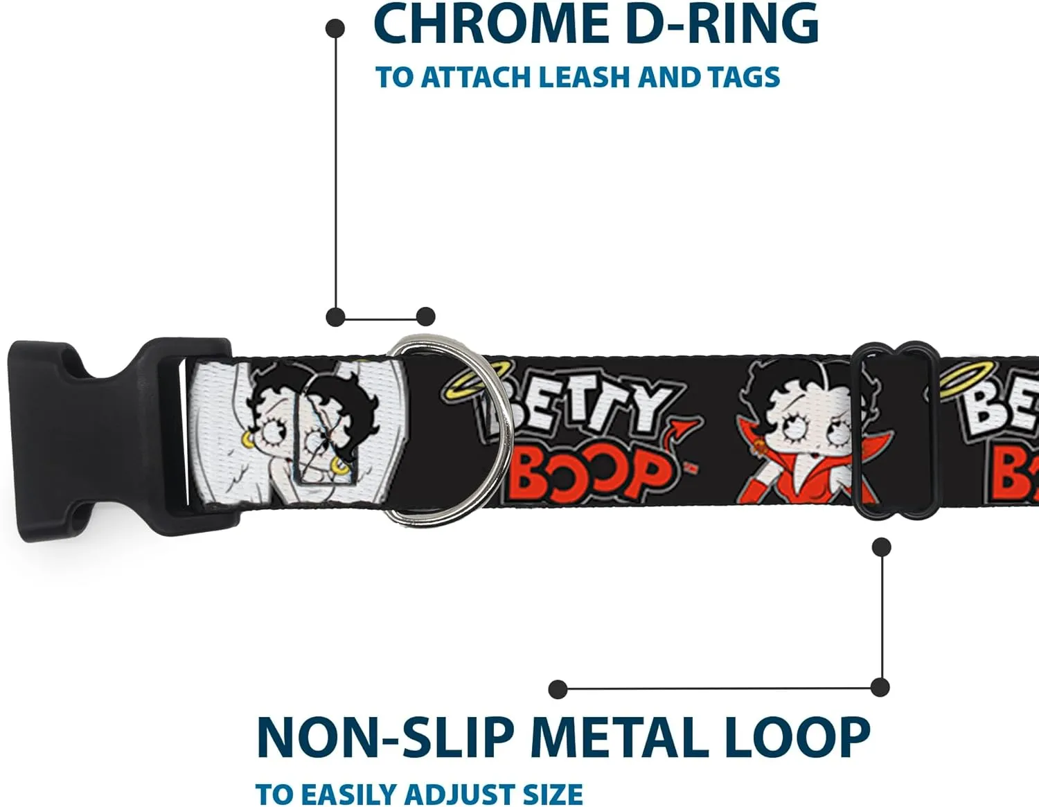 Fleischer Studios, Inc. Pet Collar, Dog Collar Plastic Buckle, Betty Boop Angel and Devil Poses with Text Black White Red, 11 to 16.5 Inches 1.0 Inch Wide