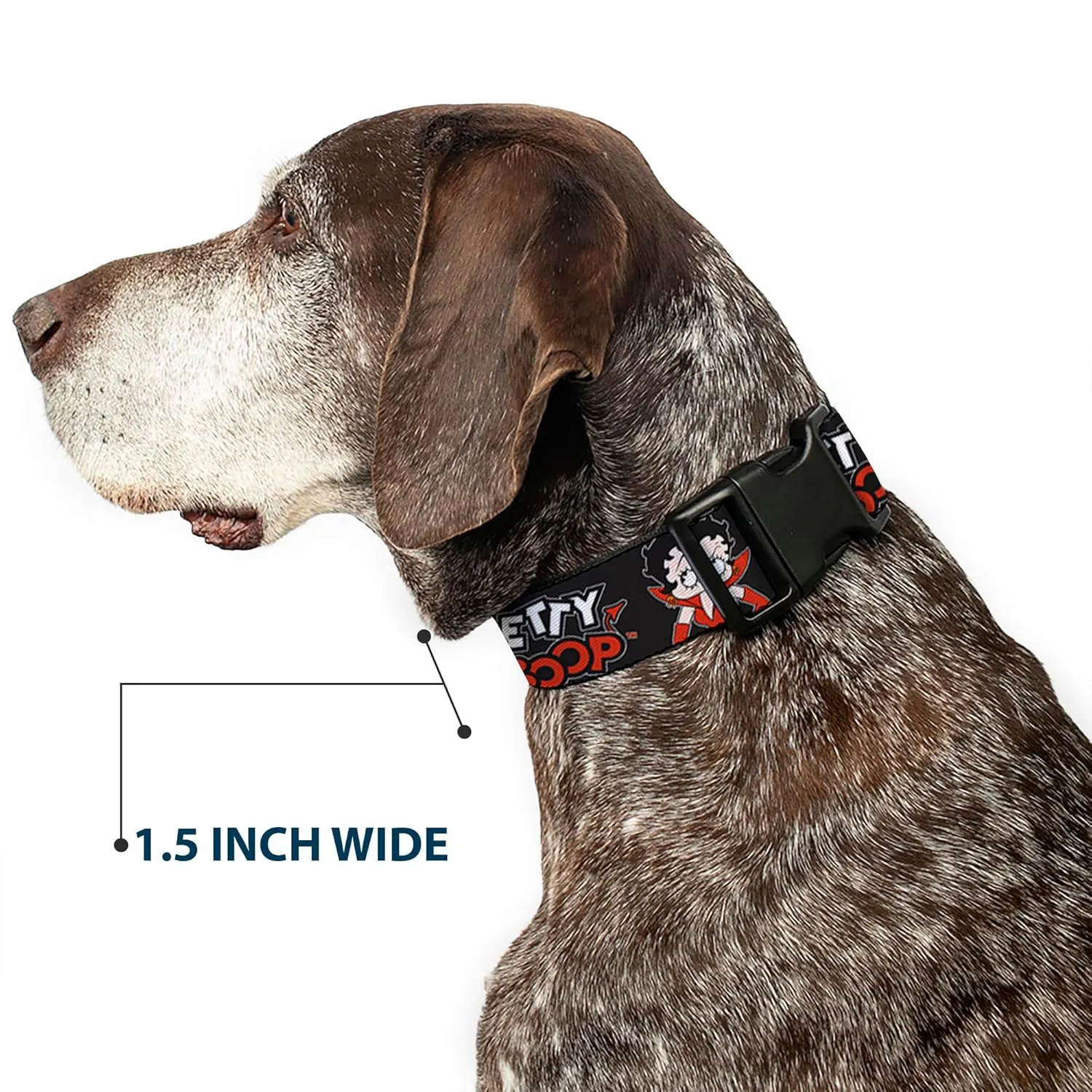 Fleischer Studios, Inc. Pet Collar, Dog Collar Plastic Buckle, Betty Boop Angel and Devil Poses with Text Black White Red, 11 to 16.5 Inches 1.0 Inch Wide