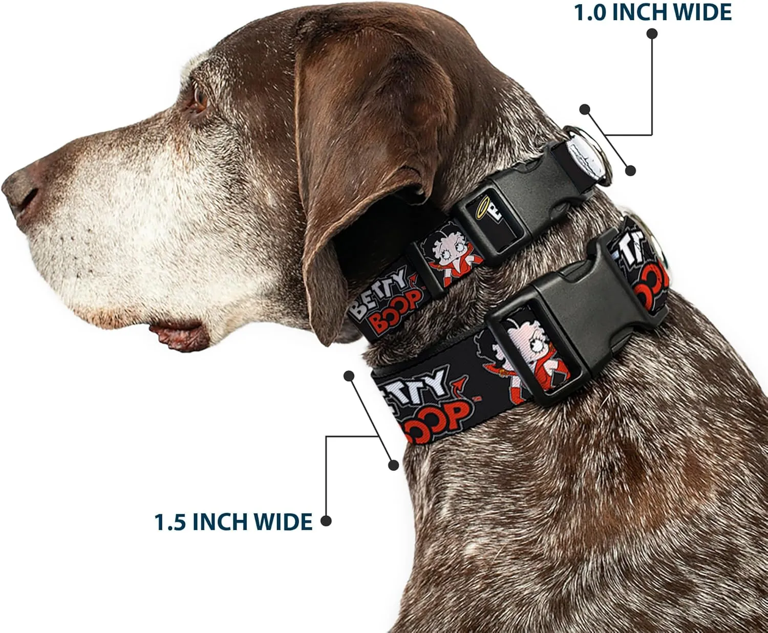 Fleischer Studios, Inc. Pet Collar, Dog Collar Plastic Buckle, Betty Boop Angel and Devil Poses with Text Black White Red, 11 to 16.5 Inches 1.0 Inch Wide