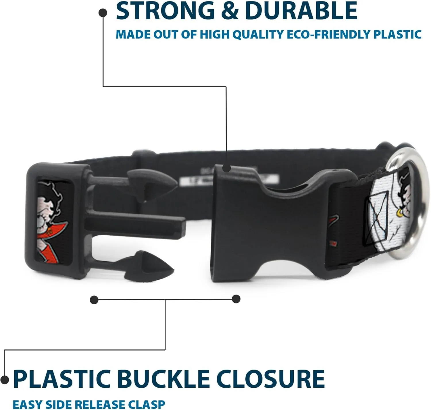 Fleischer Studios, Inc. Pet Collar, Dog Collar Plastic Buckle, Betty Boop Angel and Devil Poses with Text Black White Red, 11 to 16.5 Inches 1.0 Inch Wide