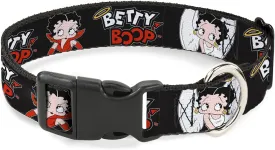 Fleischer Studios, Inc. Pet Collar, Dog Collar Plastic Buckle, Betty Boop Angel and Devil Poses with Text Black White Red, 11 to 16.5 Inches 1.0 Inch Wide