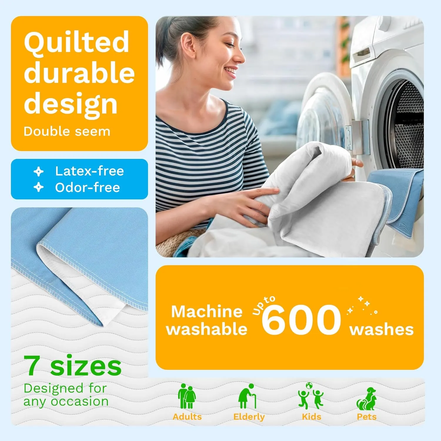GREEN LIFESTYLE Washable Underpads - LARGE INCONTINENCE & Pet Pads, REUSABLE FOR Dogs, Cats, BUNNIES & Seniors (Pack of 6 - 34x36 INCHES)