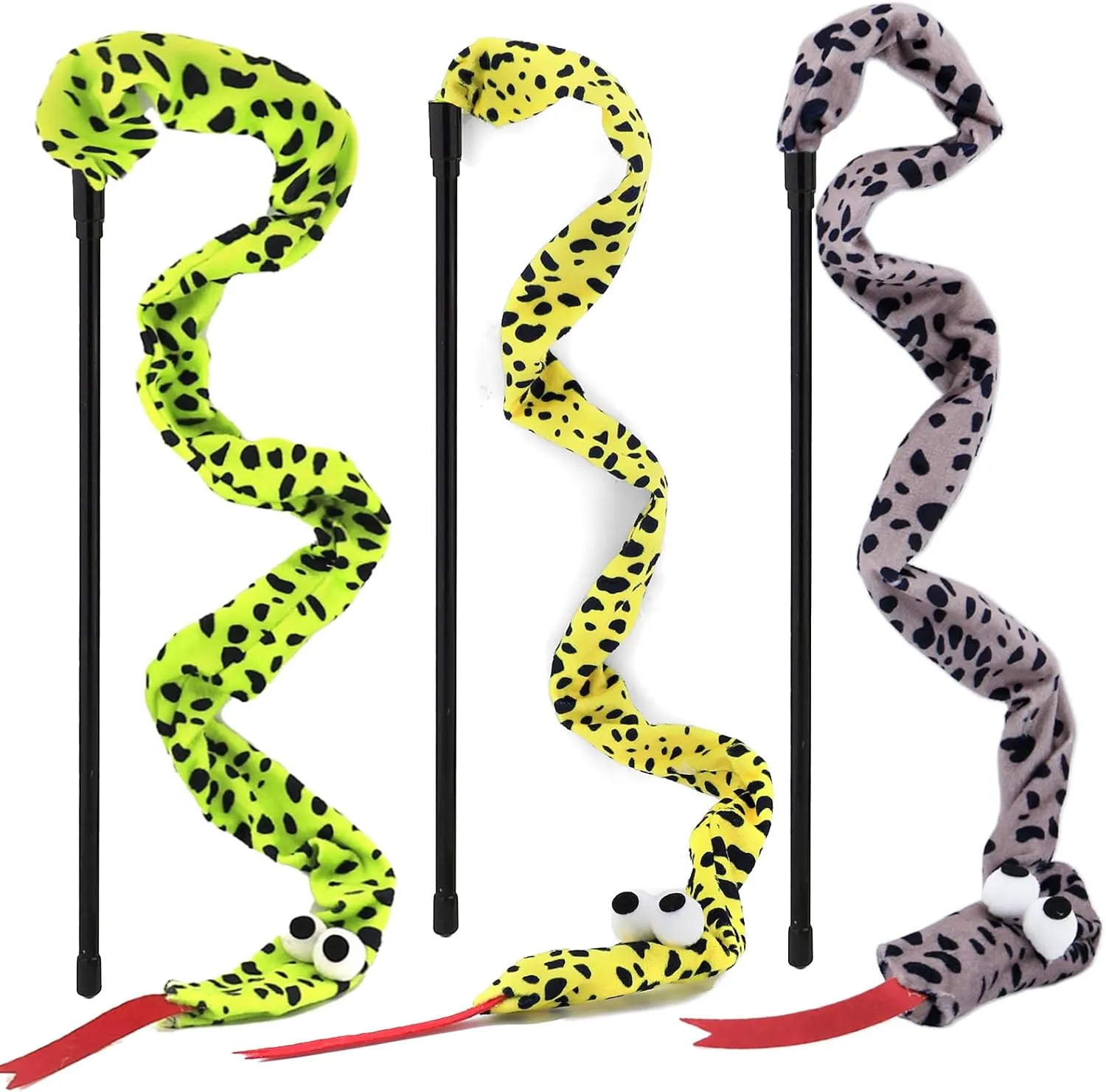Interactive Cat Toy Wand with Snake, Cat Teaser Wand Rainbow String for Bored Indoor Adult Cats and Kittens, 3 Pack