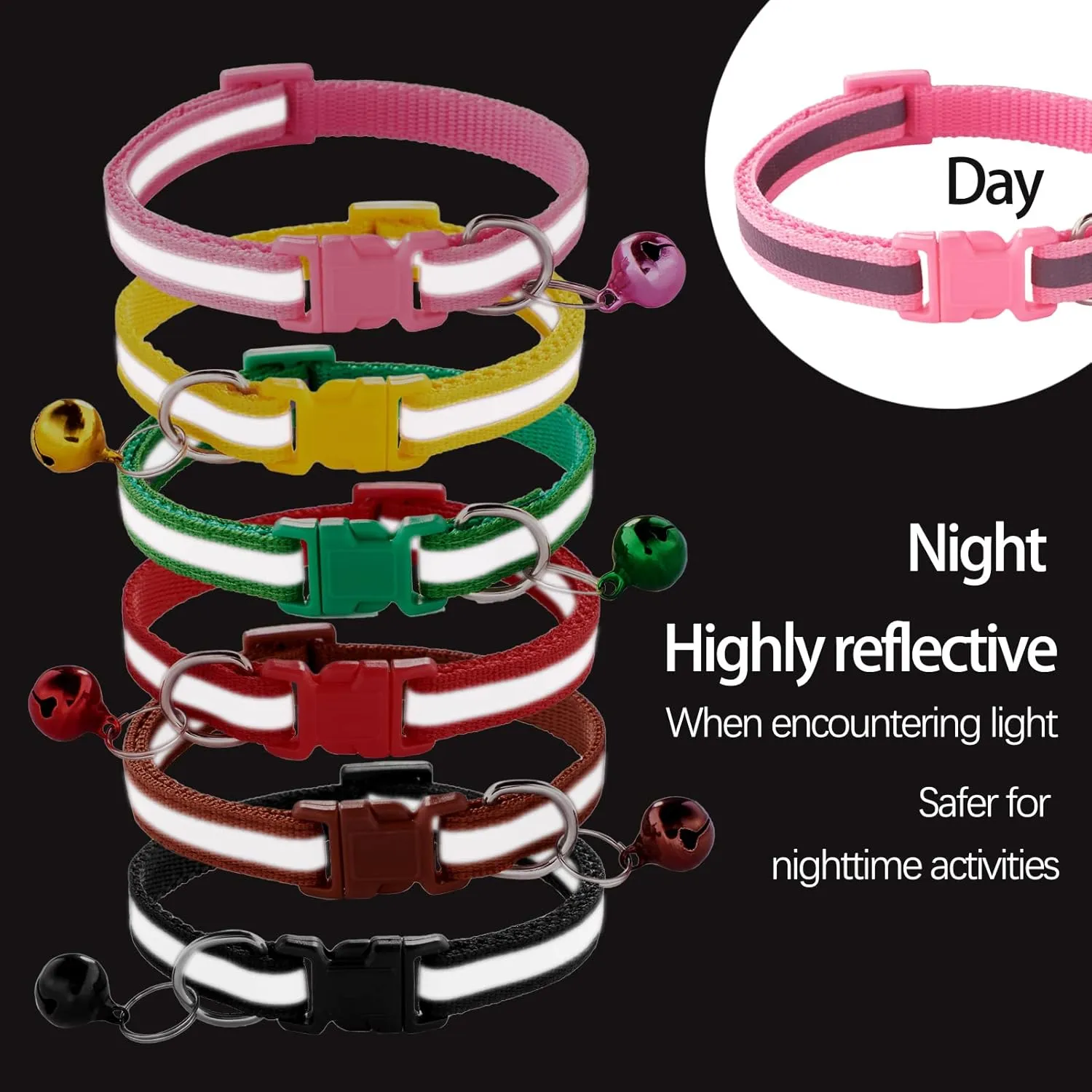 Jecikelon 6 PCS Reflective Puppy Collars Adjustable Pup Collar for Small Pet Dog Polyester Cat Collar with Bell Basic Collar for Small Dogs (Small, Reflective Tape1)