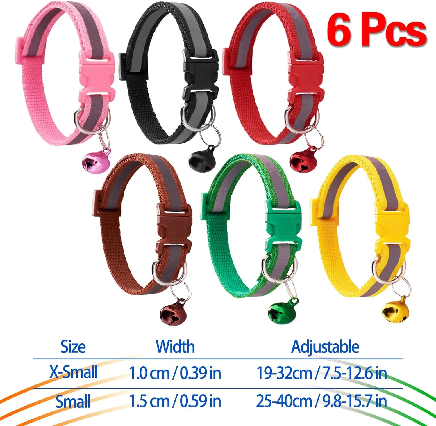 Jecikelon 6 PCS Reflective Puppy Collars Adjustable Pup Collar for Small Pet Dog Polyester Cat Collar with Bell Basic Collar for Small Dogs (Small, Reflective Tape1)