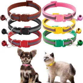 Jecikelon 6 PCS Reflective Puppy Collars Adjustable Pup Collar for Small Pet Dog Polyester Cat Collar with Bell Basic Collar for Small Dogs (Small, Reflective Tape1)
