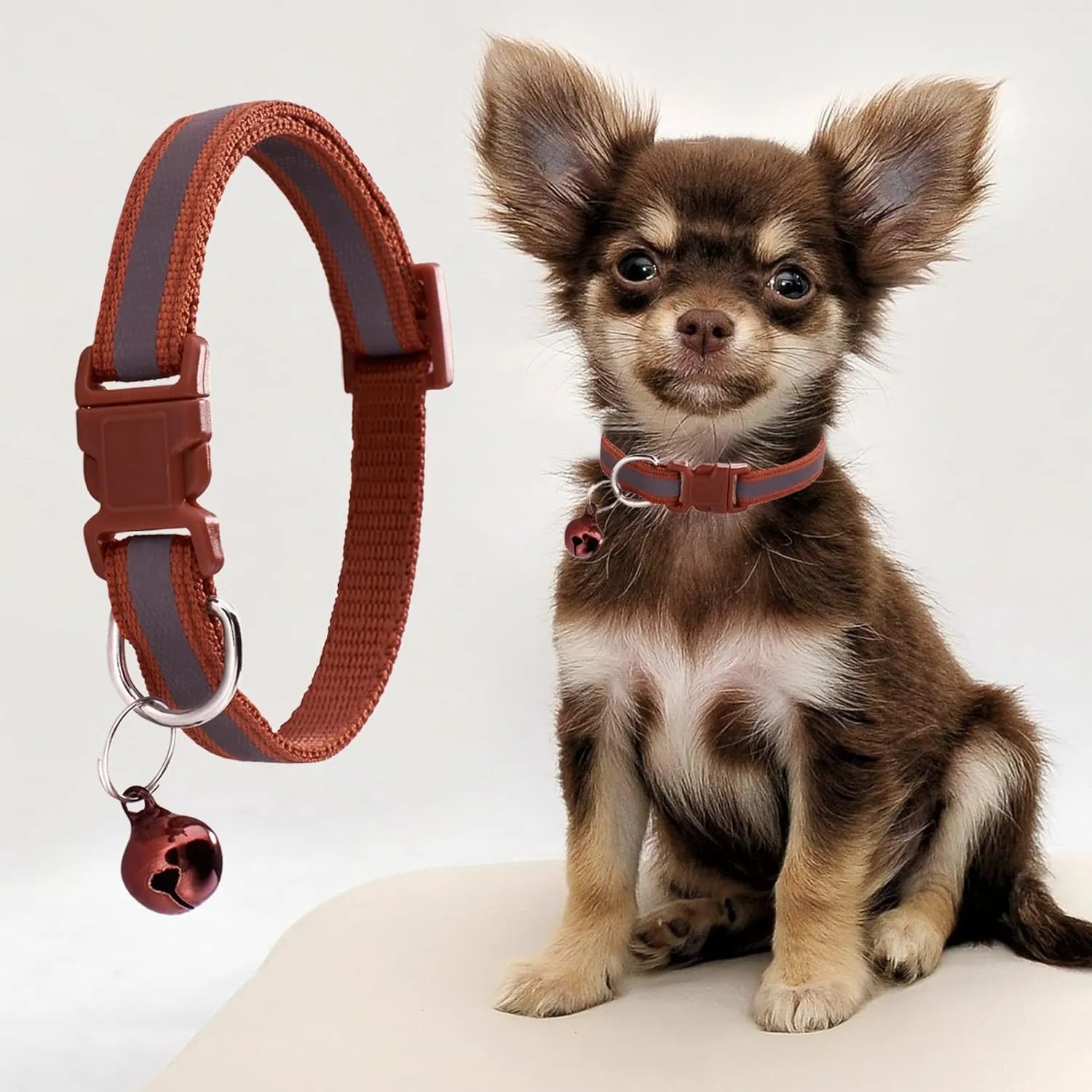 Jecikelon 6 PCS Reflective Puppy Collars Adjustable Pup Collar for Small Pet Dog Polyester Cat Collar with Bell Basic Collar for Small Dogs (Small, Reflective Tape1)