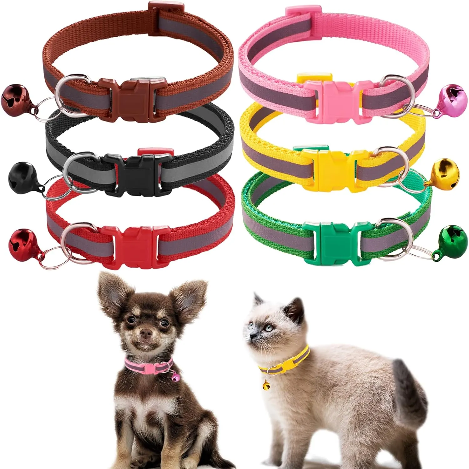 Jecikelon 6 PCS Reflective Puppy Collars Adjustable Pup Collar for Small Pet Dog Polyester Cat Collar with Bell Basic Collar for Small Dogs (Small, Reflective Tape1)