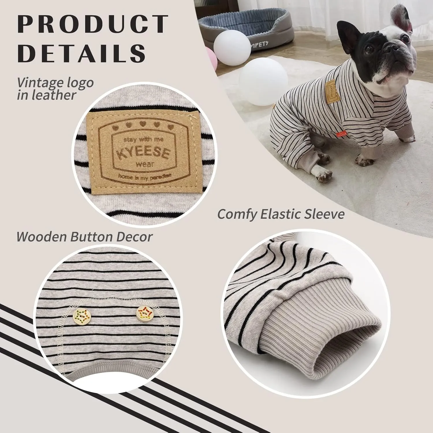 KYEESE Dog Pajamas Stripes 4 Legged Pet Jumpsuit Stretchable Pet Puppy Cat Pajamas Onesie Lightweight Dog Clothes, Ivory Brown, S
