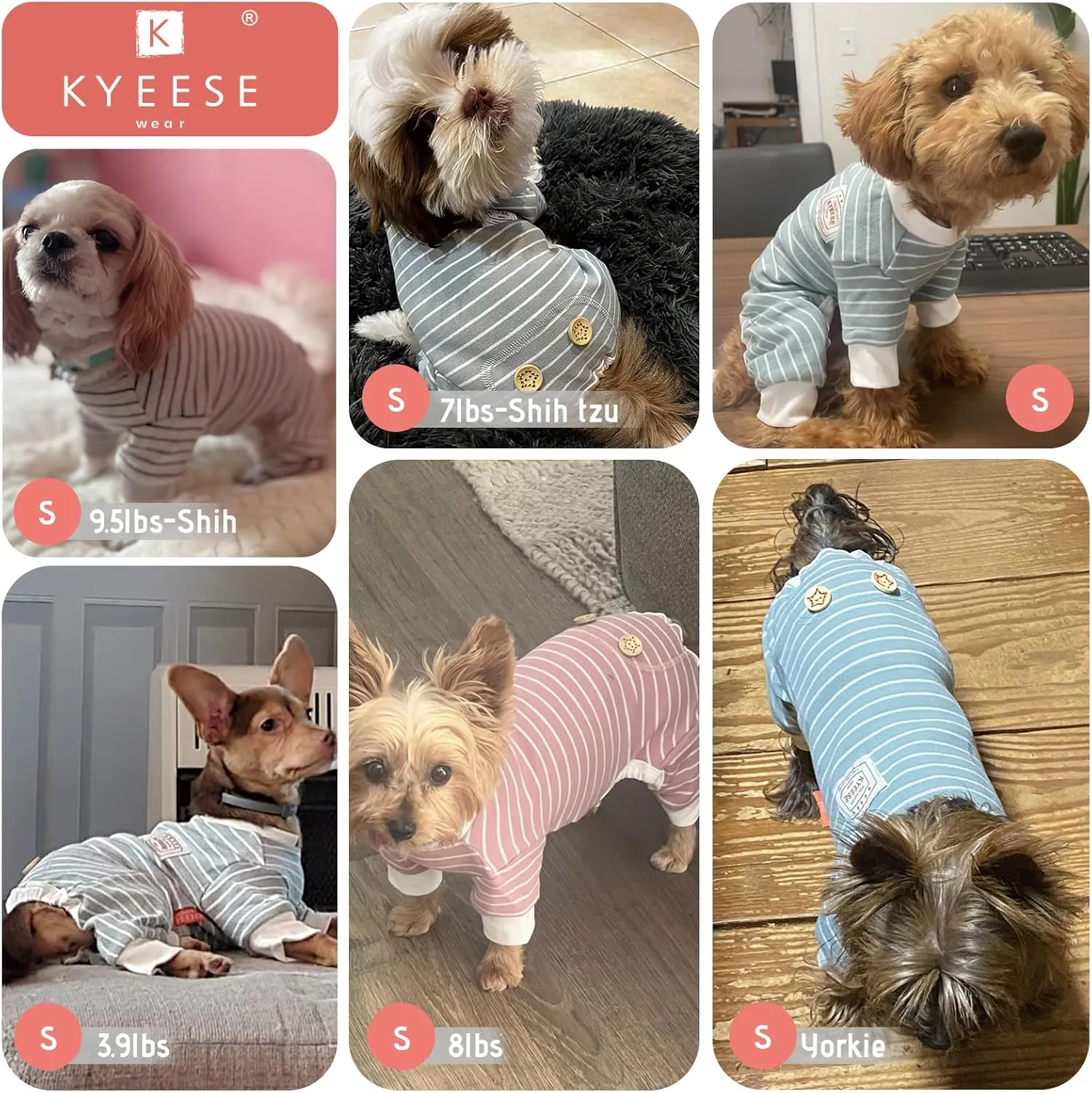 KYEESE Dog Pajamas Stripes 4 Legged Pet Jumpsuit Stretchable Pet Puppy Cat Pajamas Onesie Lightweight Dog Clothes, Ivory Brown, S