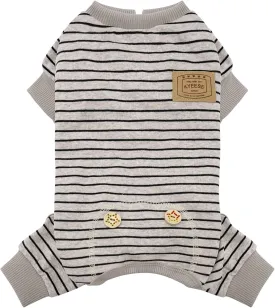 KYEESE Dog Pajamas Stripes 4 Legged Pet Jumpsuit Stretchable Pet Puppy Cat Pajamas Onesie Lightweight Dog Clothes, Ivory Brown, S
