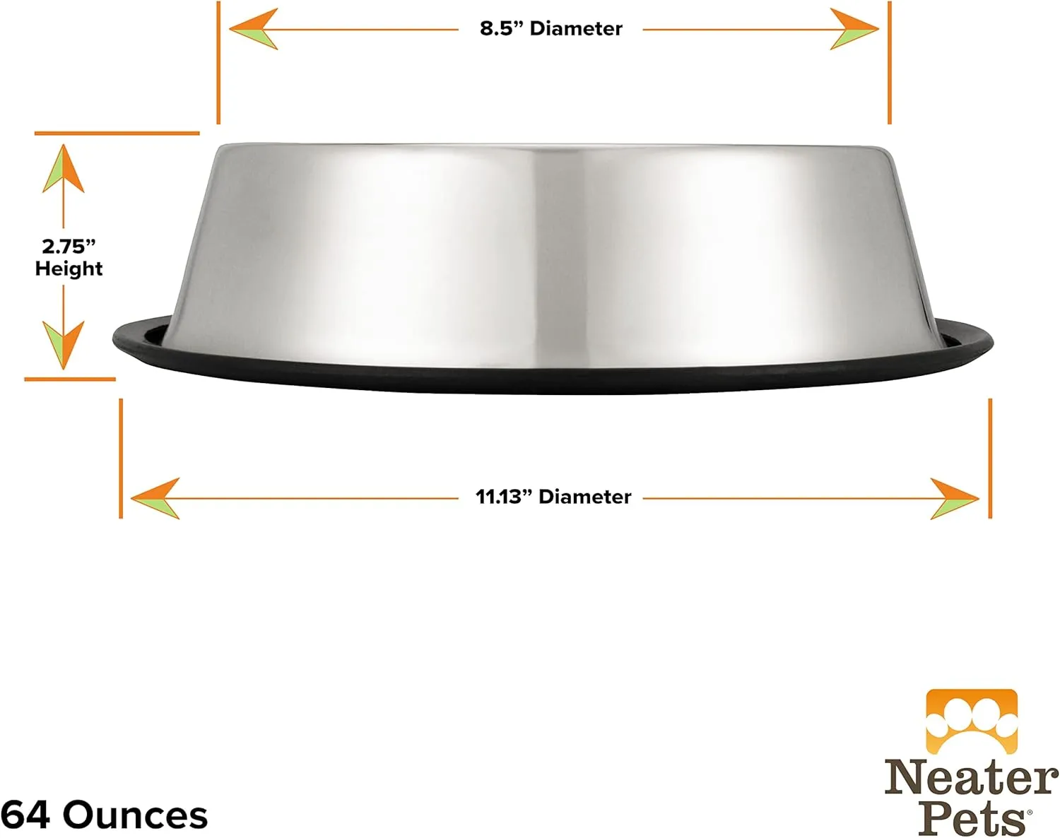 Neater Pet Brands - Stainless Steel No-Skid & Non-Tip Dog Bowl for Food or Water (64 oz, Stainless Steel)
