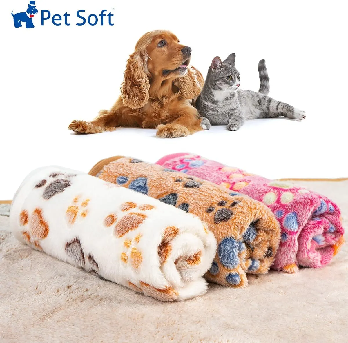 Pet Soft 1 Pack 3 Pet Blankets for Dogs - Fluffy Cats Dogs Blanket for Small Medium & Large Dog, Cute Print Pet Throw Puppy Blankets Fleece (Paws, 3S)
