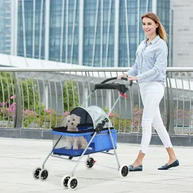 Pet Stroller for Small Medium Dogs & Cats - 4 Wheel Foldable Jogger Travel Stroller Carrier with Removable Liner and Storage Basket, Supports up to 35 LBS, Blue