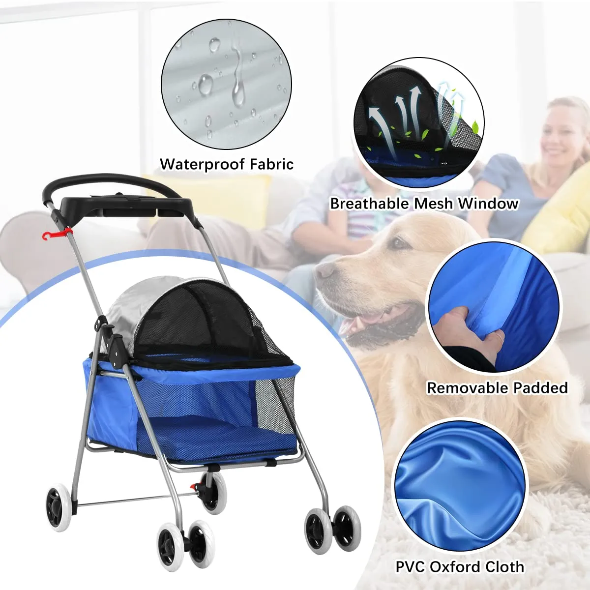Pet Stroller for Small Medium Dogs & Cats - 4 Wheel Foldable Jogger Travel Stroller Carrier with Removable Liner and Storage Basket, Supports up to 35 LBS, Blue
