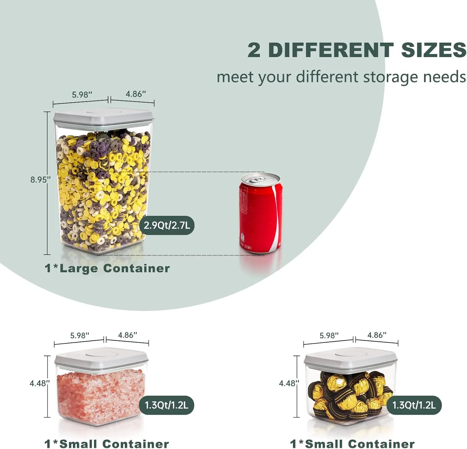 Pop Top Food Storage Containers, 3-Piece Pantry Containers with Lids Airtight, BPA Free Pop Containers for Food Storage, 2 * 1.3Qt 2.9Qt