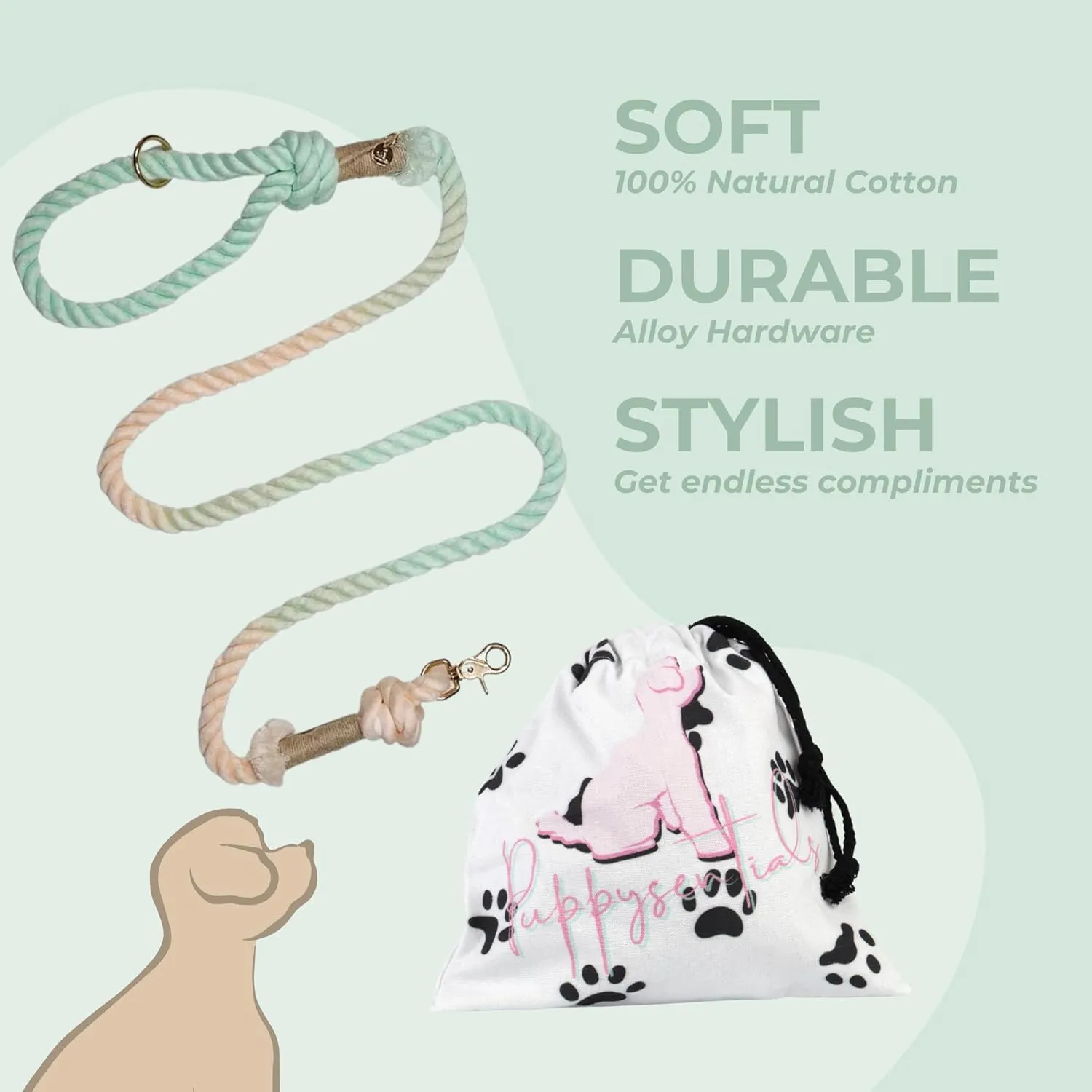 Premium Dog Rope Leash, 5ft Soft & Durable Braided Cotton Rope Leash for Medium Dogs/Large Dogs, Lightweight with 360-Degree Snap Clip, Comes with a Handy Designer Gift Bag