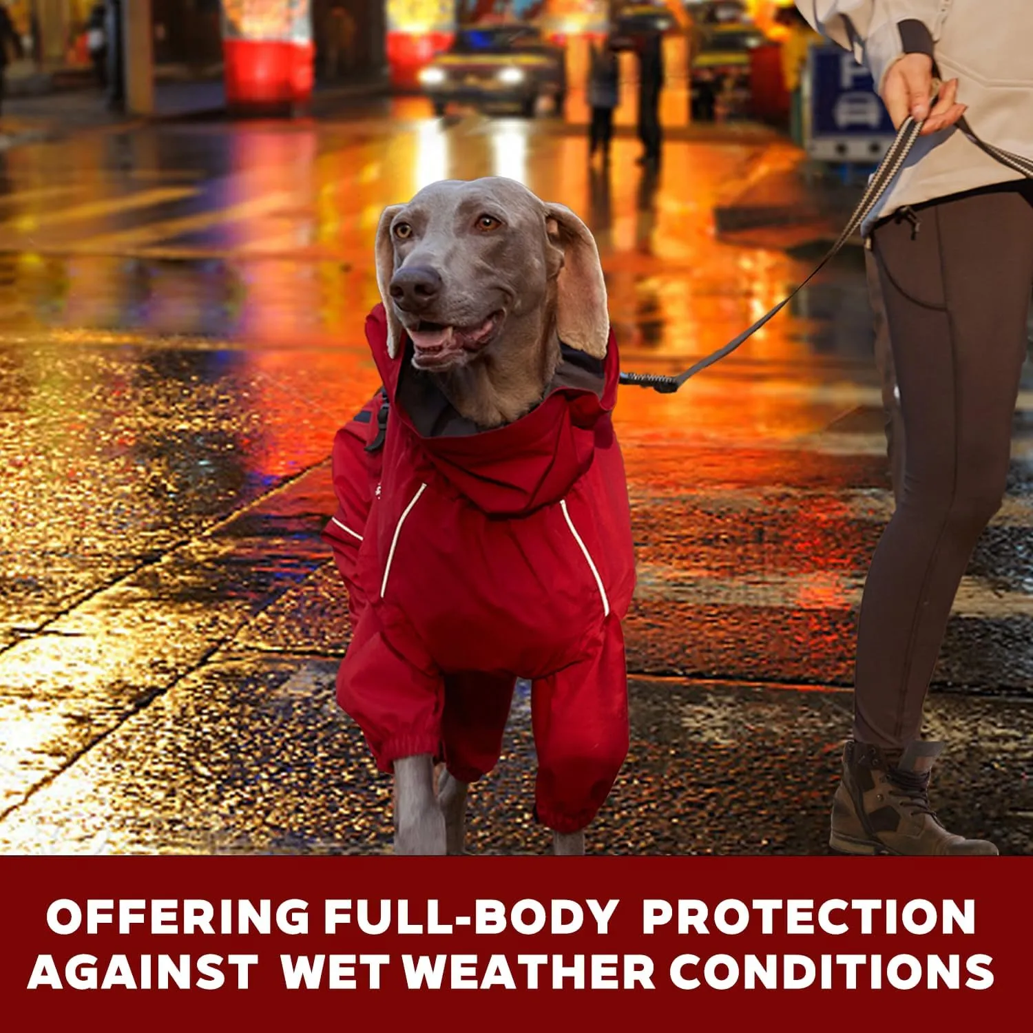 Red Dog Raincoat with Side Zipper Reflective Tape and Leash Holes,Waterproof Windproof Dirt-Resistant Warmth Dog Jacket with Elasticized Belly and Cuff Designs, Four Legs Design, Elastic Edge- Red M