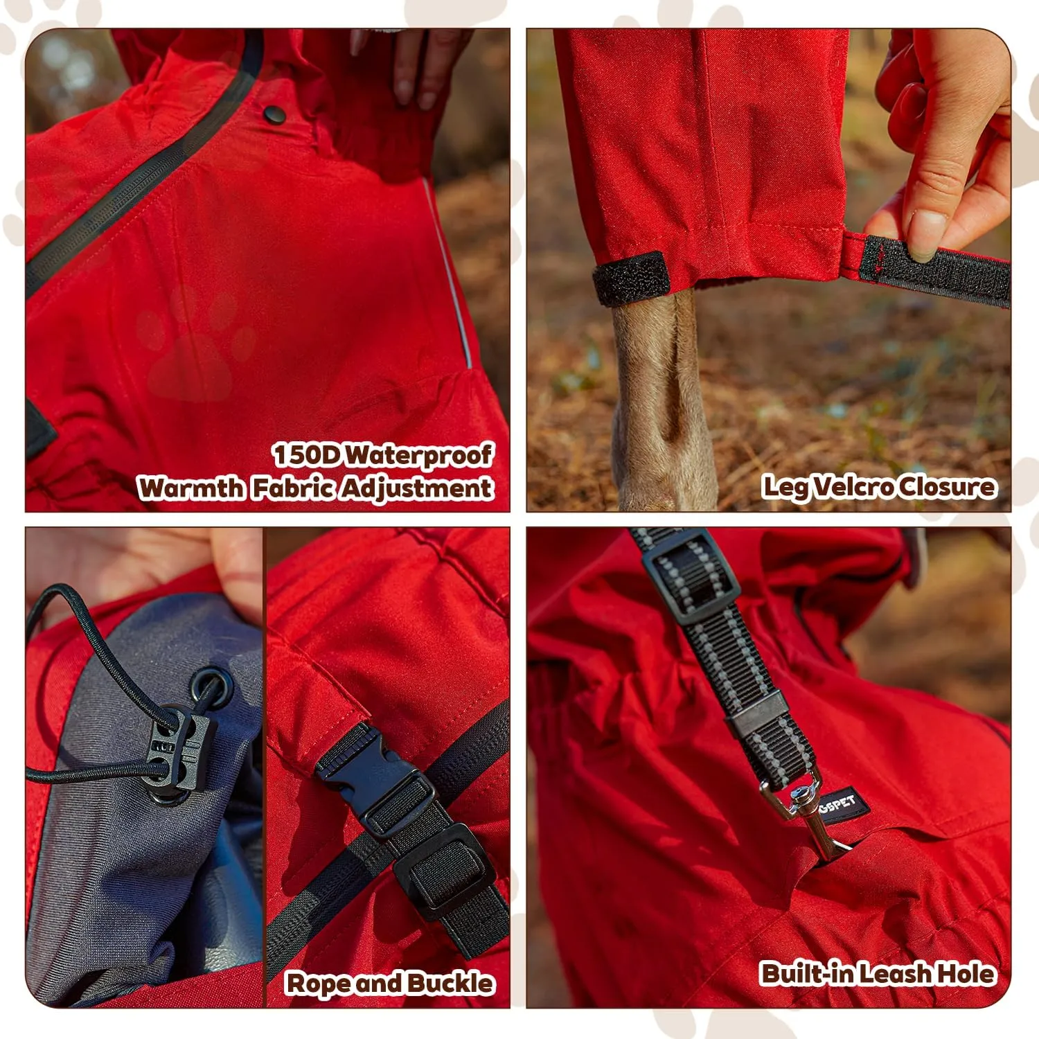 Red Dog Raincoat with Side Zipper Reflective Tape and Leash Holes,Waterproof Windproof Dirt-Resistant Warmth Dog Jacket with Elasticized Belly and Cuff Designs, Four Legs Design, Elastic Edge- Red M