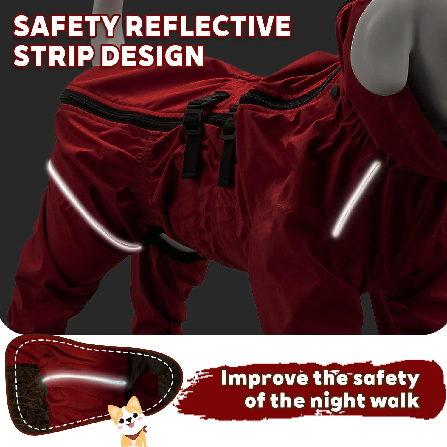 Red Dog Raincoat with Side Zipper Reflective Tape and Leash Holes,Waterproof Windproof Dirt-Resistant Warmth Dog Jacket with Elasticized Belly and Cuff Designs, Four Legs Design, Elastic Edge- Red M