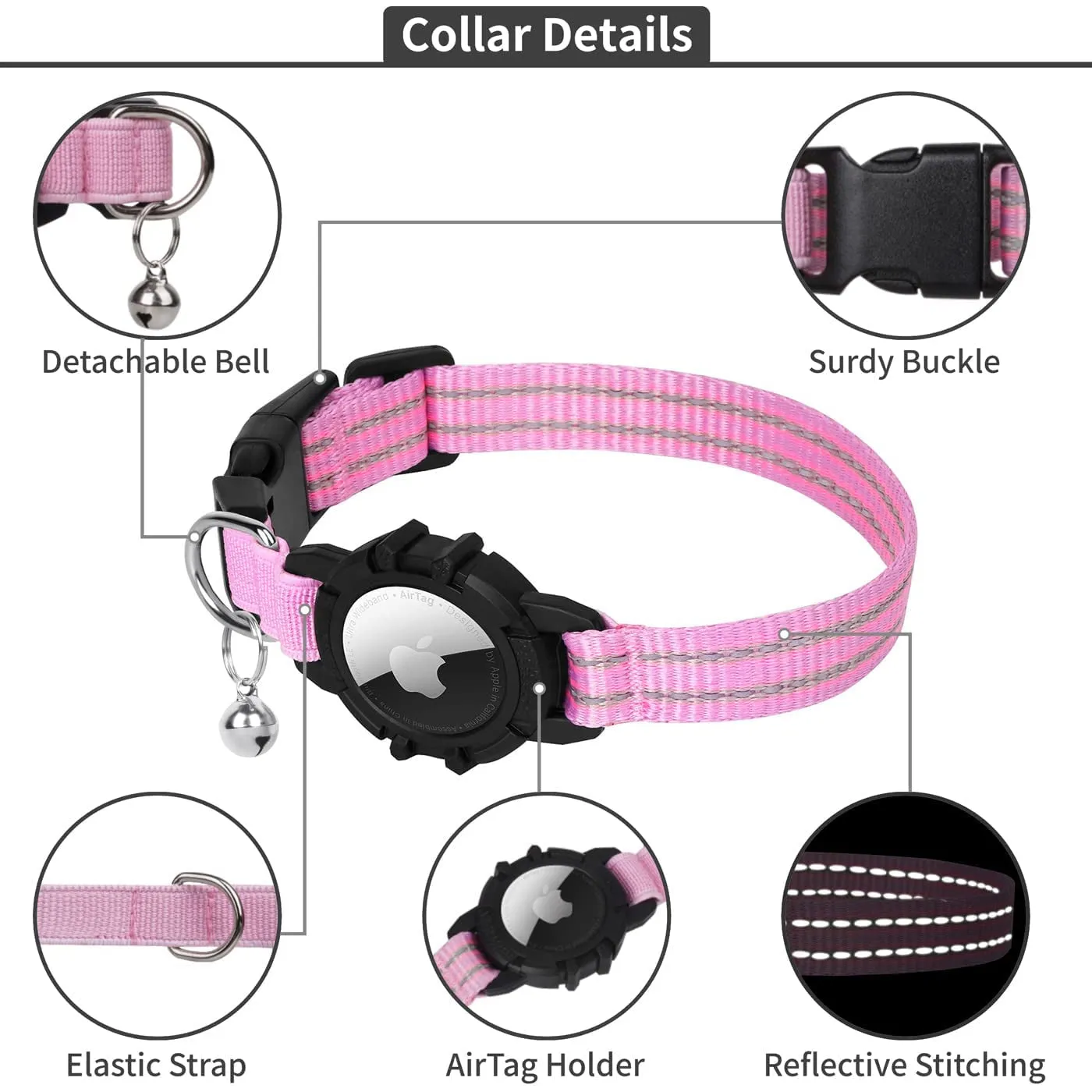 Reflective GPS Cat Collar with AirTag Holder and Bell