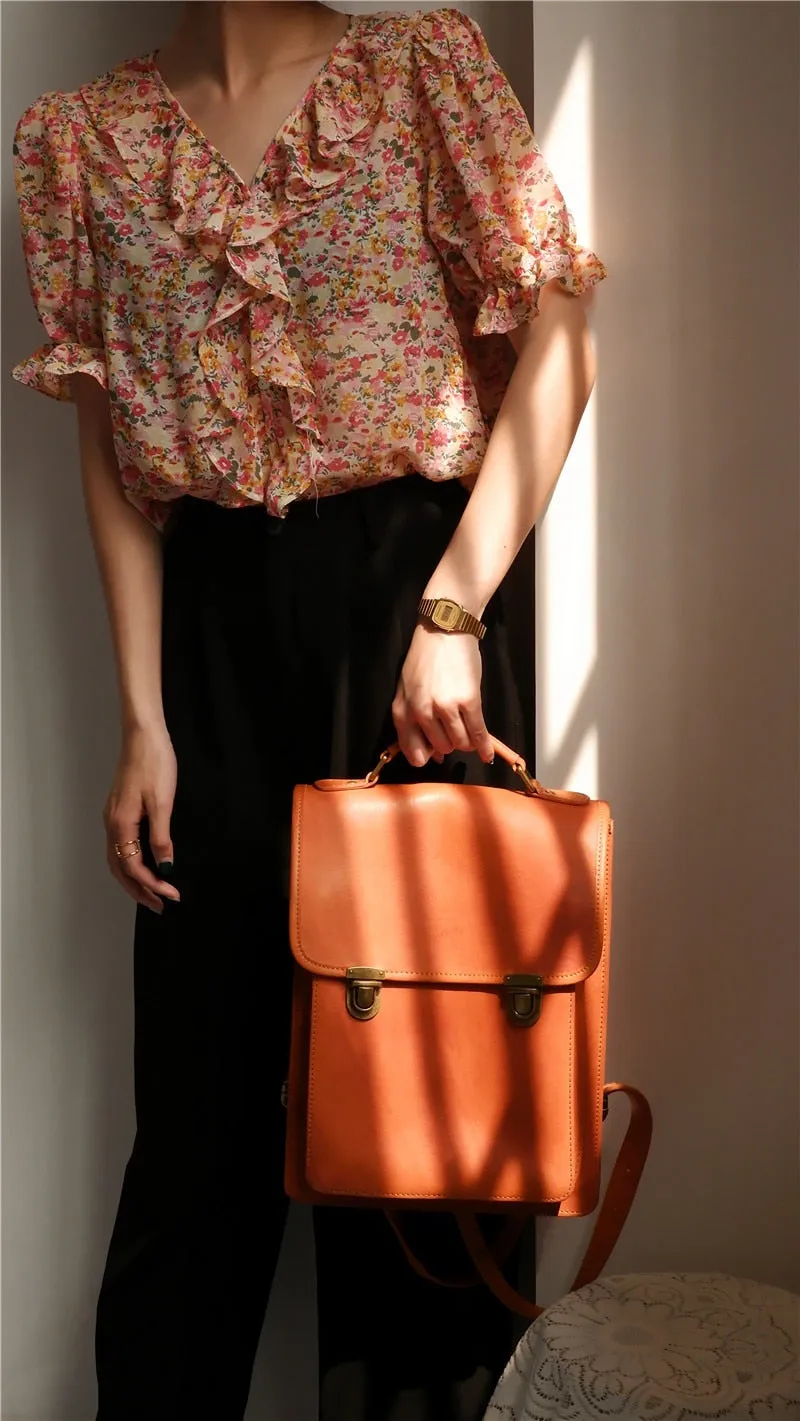 Retro Leather Women British College Large Capacity Cowhide School 13 inch Computer Backpacks