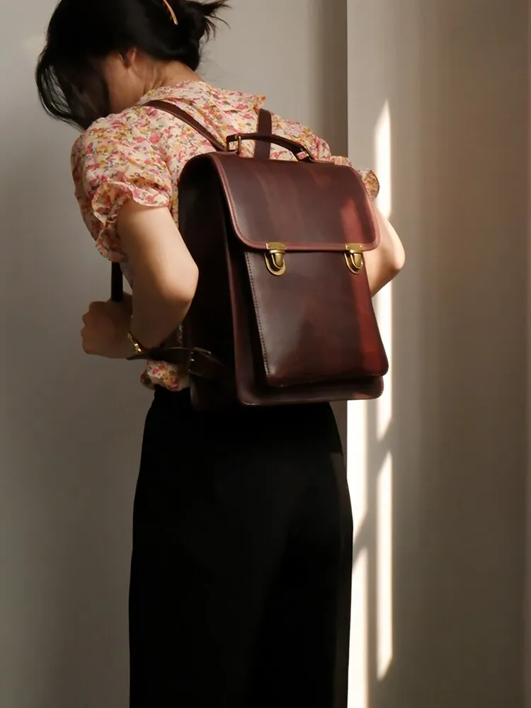 Retro Leather Women British College Large Capacity Cowhide School 13 inch Computer Backpacks