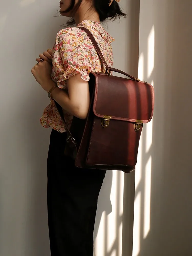 Retro Leather Women British College Large Capacity Cowhide School 13 inch Computer Backpacks