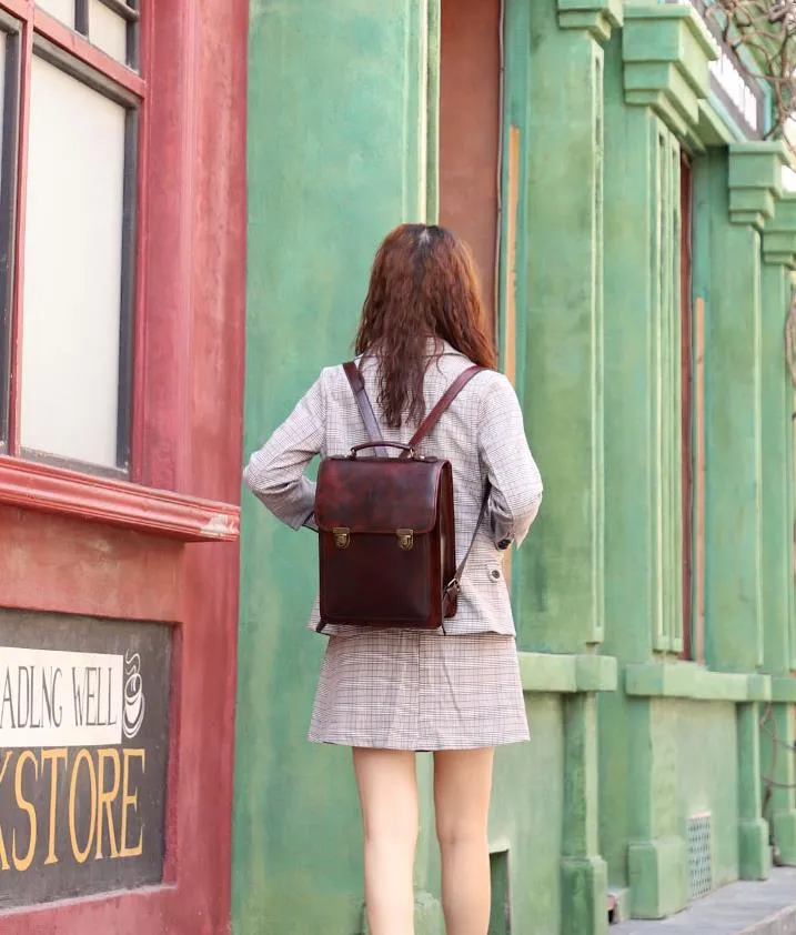 Retro Leather Women British College Large Capacity Cowhide School 13 inch Computer Backpacks
